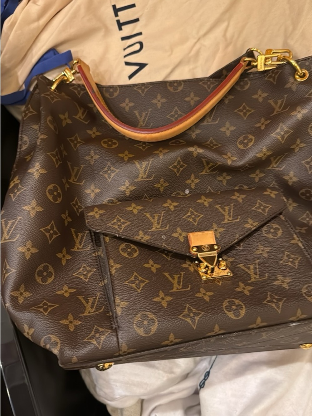 Louis Vuitton Brown Monogram Canvas Shoulder Tote with Gold Hardware